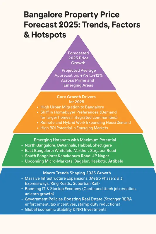 Bangalore Property Price Forecast 2025 – Trends, Factors and hotspots - Layered Pyramid Infographic