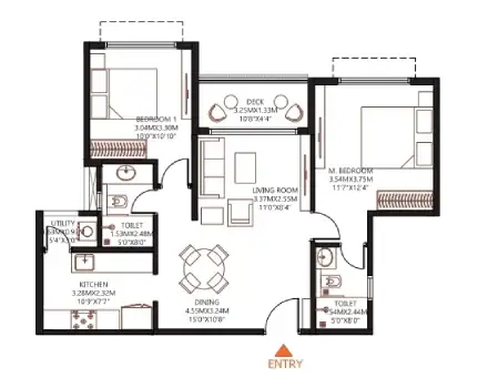 Godrej MSR 2 BHK 1241 Square feet Apartment floor plan by Godrej Properties located at Shettigere, Devanahalli, Bangalore