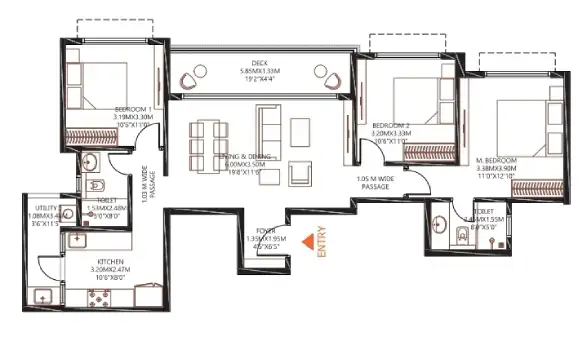 Godrej MSR 3 BHK with 2 Toilets 1602 Square feet Apartment floor plan by Godrej Properties located at Shettigere, Devanahalli, Bangalore