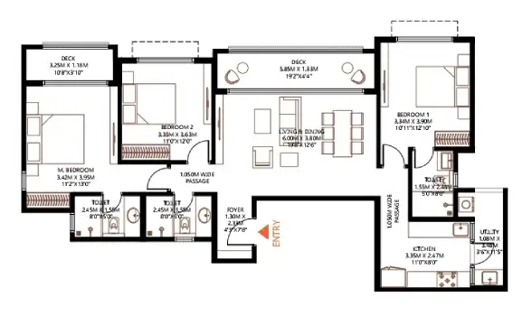 Godrej MSR 3 BHK with 3 Toilets 1901 Square feet Apartment floor plan by Godrej Properties located at Shettigere, Devanahalli, Bangalore